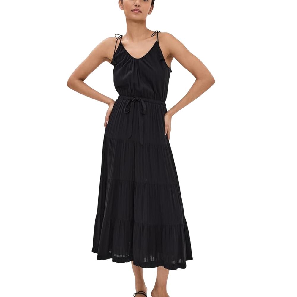 Paige Midi Dress V-Neckline Tiered Style Swiss Dot Sleeveless Black Women's NWOT